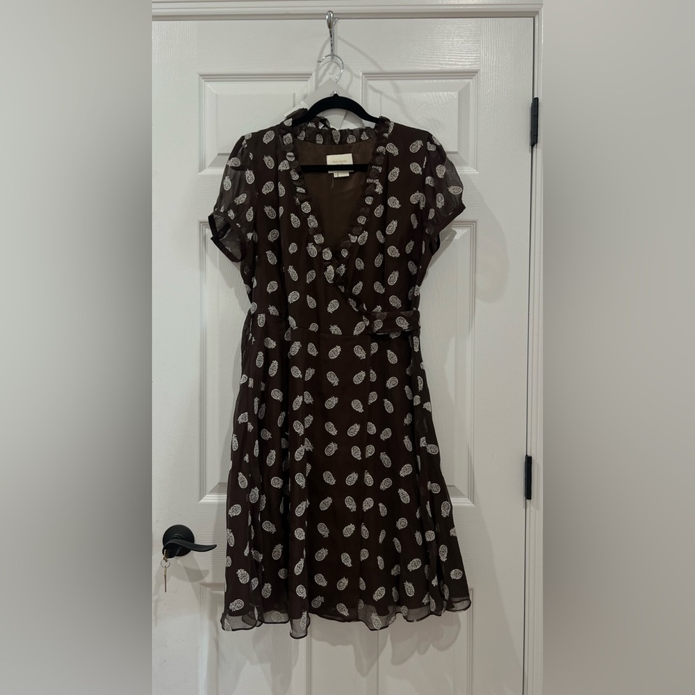 Kate Spade Silk Pineapple Embroidered Wrap Brown Dress Lined Cap Sleeve size 10